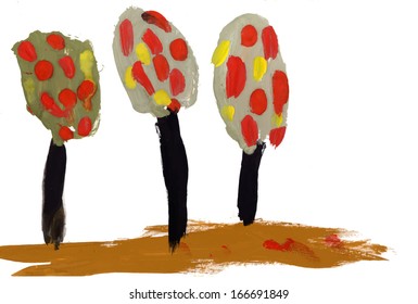 Apple trees. Child's drawing. Gouache on paper, handpainted illustration. Vector format.