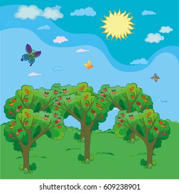 Apple trees with red apples and flying butterflies under sun. Vector Illustration
