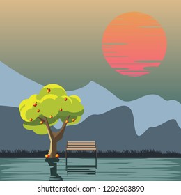 apple trees at riverside vector illustration