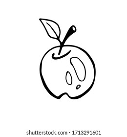 Apple with a twig and leaf, vector illustration in Doodle style. Black outline, isolated image on a white background. For menu design, printed products.