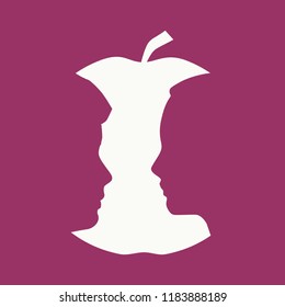 An apple or two face profile view. Optical illusion. Human head make silhouette of fruit