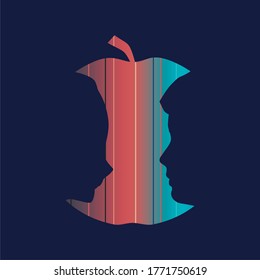 An apple or two face profile view. Optical illusion. Human head make silhouette of fruit