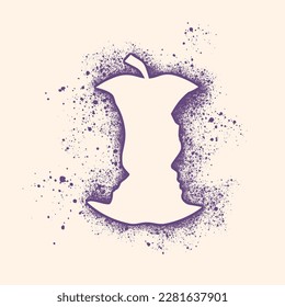 An apple or two face profile view. Optical illusion. Human head make silhouette of fruit. Particles outline