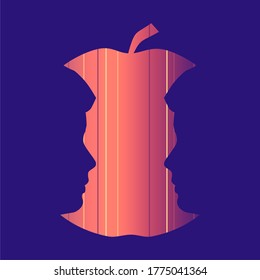 An apple or two men face profile view. Optical illusion. Human head make silhouette of fruit. Homosexual relative silhouettes