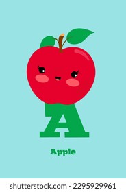 Apple - Typografische Vektorgrafik Kawaii-ABC, süße Figuren, fröhliche detaillierte Grafik für die Kindergartendekoration, Poster, Einladungen, Grußkarten, helle Farben, Obst, Buchstabe A