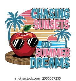 Una manzana usando gafas de sol con Ilustración vectorial temática de vibraciones de verano, persiguiendo atardeceres y sueños de verano. Un diseño vibrante y llamativo de la impresión de las ilustraciones del Vector para la camiseta y otros