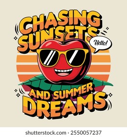 Una manzana usando gafas de sol con Ilustración vectorial temática de vibraciones de verano, persiguiendo atardeceres y sueños de verano. Un diseño vibrante y llamativo de la impresión de las ilustraciones del Vector para la camiseta y otros