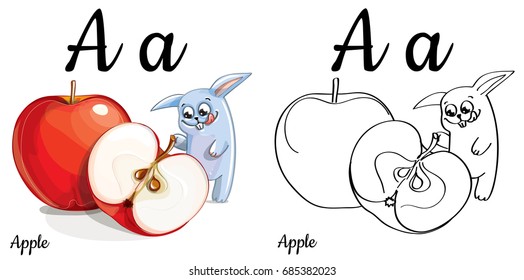Apple. Vector alphabet letter A, coloring page