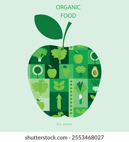 Apple vector background. Fruit flat style, eco, avocado, natural, bauhaus . background, vitamin, square, background, geometric, poster, cherry, fruit, icon, pattern, vegetable, summer, apple, lemon..