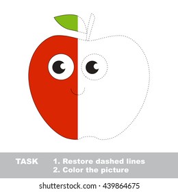 Apple in vector to be traced. Restore dashed line and color the picture. Visual game for children. Easy educational kid gaming. Simple level of difficulty. Worksheet for kids education.