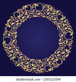 Apple vector circle pattern. Funny doodle healthy food on a dark background.