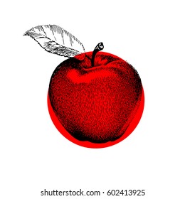 Design der Vektorillustration von Apple. schwarzer Apfel einzeln auf weißem Hintergrund. Roter Rundtopf dahinter. Dotted Graphic Technique. Leaf. Realistische Shades.  EPS10