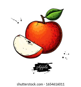 Apple vector drawing. Hand drawn fruit with leaf and slice. Summer food illustration. Detailed vegetarian sketch. Great for label, poster, print, menu