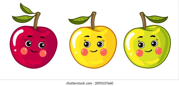 Apple vector flat cartoon character illustration. Funny happy cute happy little fruits icon for kids. Isolated on a white background. red, yellow, green apple.