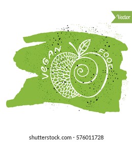 Apple vector. Fruit vegetarian. Organic food illustration. Vegan menu label on colored spot.