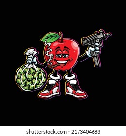 vectores de manzana agarrar pistola, maleza de nug y fumar burdo broche de hierba de cannabis marihuana y cara feliz