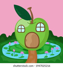 Apple vector, Apple house vector with lotus, pond, grass and walkway on pink background.