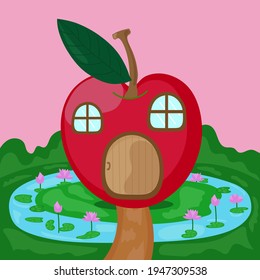 Apple vector, Apple house vector with lotus, pond, grass and walkway on pink background.