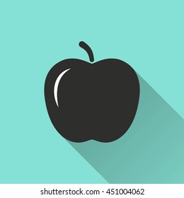 Apple vector icon with long shadow. White illustration isolated on green background for graphic and web design.