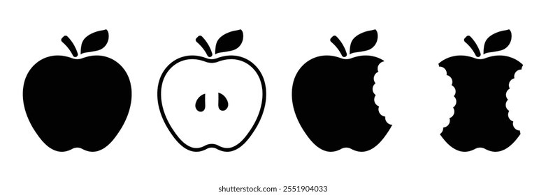 Conjunto de ícones de vetor da Apple. Metade de um símbolo de maçã. Ilustração gráfica de maçã mordida. Fruta com marca de mordida. Silhueta preta isolada sobre fundo branco.