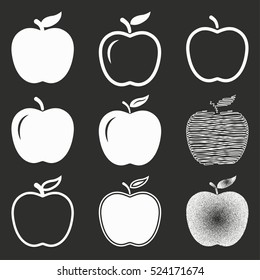 Apple vector icons set. White illustration isolated on black background for graphic and web design.