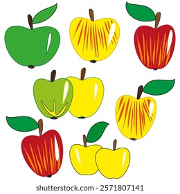 Apple vector illustration. Green yellow red apples. Fresh fruit collection. Vibrant healthy design. EPS 10.