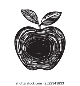 Ilustración vectorial de manzana. Manzana dibujada a mano aislada sobre fondo blanco. Estilo de boceto de grabado.