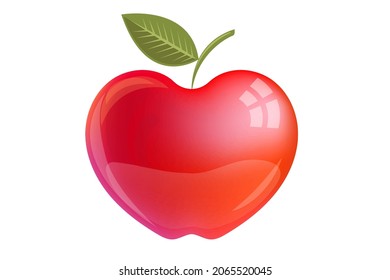 Ilustración vectorial de Apple. Una manzana roja brillante y brillante con reflejos. manzana roja con ilustración de hoja verde