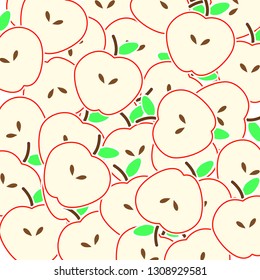 Apple vector illustration seamless pattern.Halves of a red apple with a branch and a leaf.