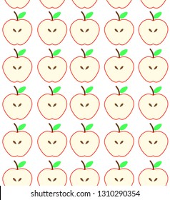 Apple vector illustration seamless pattern.Halves of a red apple with a branch and a leaf.