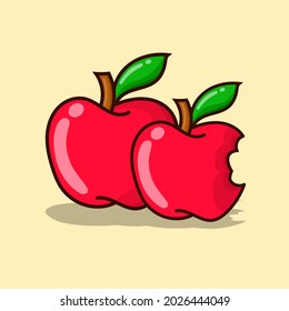 Apple vector illustration with yellow background. simple red apple with outline style and green leaf