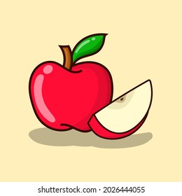 Ilustración vectorial de Apple con fondo amarillo. manzana roja simple con estilo de contorno y hoja verde