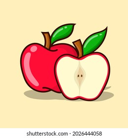 Apple vector illustration with yellow background. simple red apple with outline style and green leaf