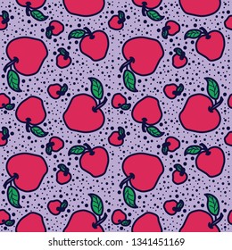 Apple vector lines seamless pattern. Funny doodle healthy food on a light background.