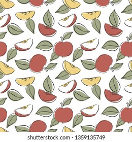 Apple vector pattern. Cut apples and leaves seamless texture. Fruits vector background for textile, wrap paper, wallpaper, design