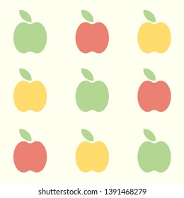 Apple vector seamless pattern. Flat illustration of retro minimalistic apples - red, green and yellow. Repeatable background for textile, packaging.