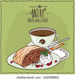 Apple Viennese strudel with vanilla ice cream with cup of tea, lie on lacy napkin. Green background and ornate lettering bakery. Handmade cartoon style. Vector illustration