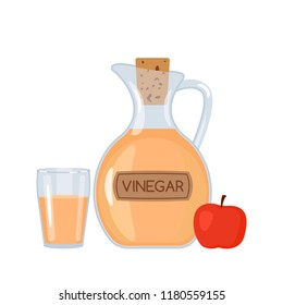 Apple vinegar in a bottle and a glass with an apple. A flat vector illustration isolated on a white background