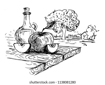 apple and apple vinegar on a wooden table,rural landscape, hand drawn vector illustration
