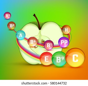 Apple vitamins infographic with a fresh fruit and colourful pills on a bright background. Apples are rich source of vitamin. Medical and pharmaceutical image. Vector illustration