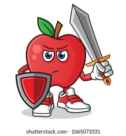 apple warior holding sword and shield mascot vector cartoon illustration
