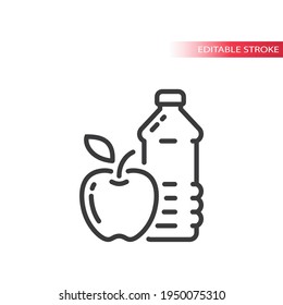 Apple and a water bottle line vector icon. Eating healthy outline symbol, editable stroke.