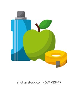 apple, water bottle and measurement tape icon over white background. healthy lifestyle concept. vector illustration