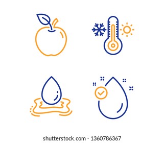 Apple, Water splash and Thermometer icons simple set. Vitamin e sign. Fruit, Aqua drop, Thermostat. Oil drop. Nature set. Linear apple icon. Colorful design set. Vector