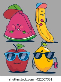 apple, watermelon, banana, lemon characters set vector design