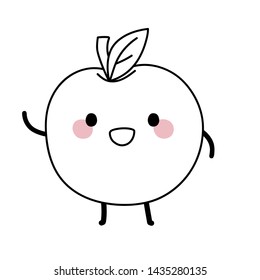 Apple waves his hand in greeting. Cute kawaii cartoon fruit. Doodle veggie character on white background. Vector line illustration for kids design, colorings.