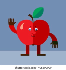 Apple waving hand. Flat style vector illustration. Funny cartoon character for agriculture or food design