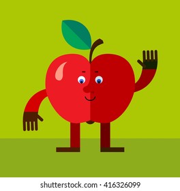 Apple waving hand. Flat style vector illustration. Funny cartoon character for agriculture or food design