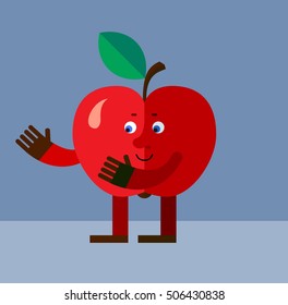 Apple with welcome hands. Flat style vector illustration. Funny cartoon character for agriculture or food design