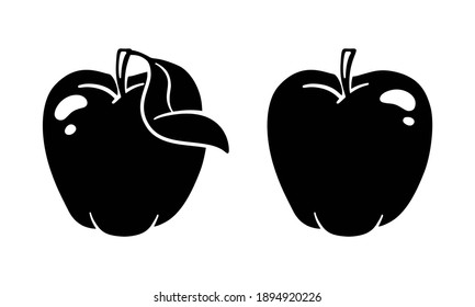 Apple. Whole fruit with and without leaf, stalk. Hand drawn silhouette clipart. Black simple illustration for packaging design, logo. Element for eco product. Flat isolated vector, white background